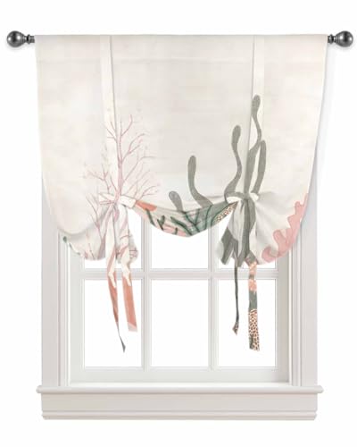Tie Up Curtains for Kitchen Windows,Retro Watercolor Ocean Coral Adjustable Balloon Shade Curtain Panel Rod Pocket Drapes for Small Window Decor 34