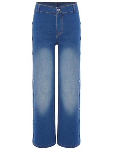 Kids Girls Jeans Button Split Side Baggy Wide Leg Denim Pants Elastic Waist Casual Denim Trousers with Pockets3