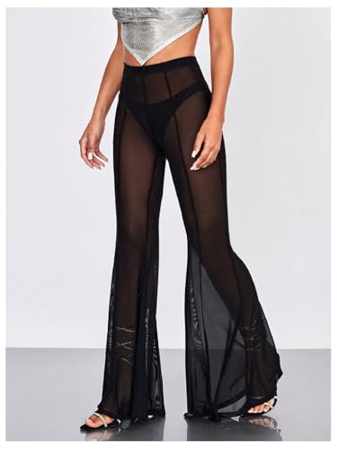 Milumia Women's Sheer Mesh Flare Pants Sexy High Waist Loose Bell Bottoms Party Club Trousers3