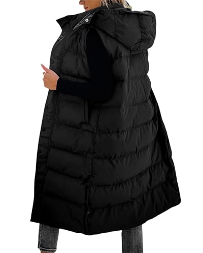 Solid Color Hooded Winter Outerwear with Pockets, Women's Long Puffer Vest, Hooded Sleeveless Quilted Padded Jacket2
