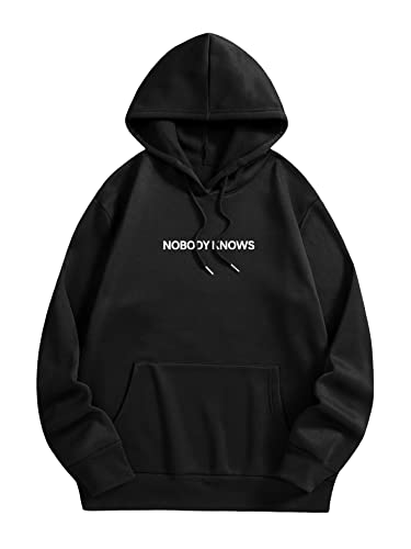 Image of Floerns Men's Graphic Print Long Sleeve Drawstring Hoodie Pullover Sweatshirt, Black Slogan, X-Large