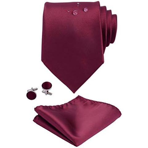 GUSLESON Solid Burgundy Tie Wedding Necktie and Pocket Square Cufflinks Set For Men (0785-01) Cover