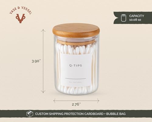 Mini Glass Apothecary Jars, Container Set, Bathroom Organizers and Storage, Bathroom Decor, with Bamboo Lids, Small Kitchen Containers, For Cotton Balls, Pads and Swabs, 10 oz, Set of 3