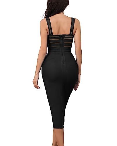 Baicpo Women'S Stretchy Bandage Bodycon Midi Dress Elegant Sleeveless Spaghetti Straps Evening Party Cocktail Dresses Black thumb #1