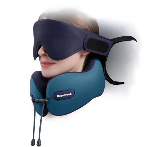 Image of Travel Pillow, Neck Pillow Airplane for Long Flight Sleeping | Soft Supportive Foam, Head Pillow 3D Eye Mask & Seat Strap for 360Support Head, Neck & Chin Travel Essentials Aqua & Purple