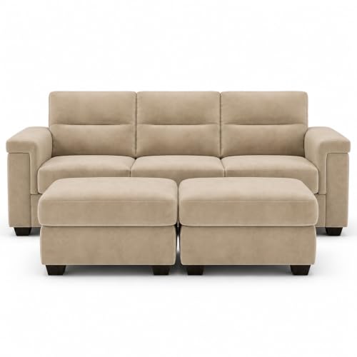 Image of FURNY Parker 3 Seater Sofa Set with 2 Ottomans | Premium Suede Velvet Fabric Finish | Durable Comfort Sofa for Modern Living Room & Office Spaces