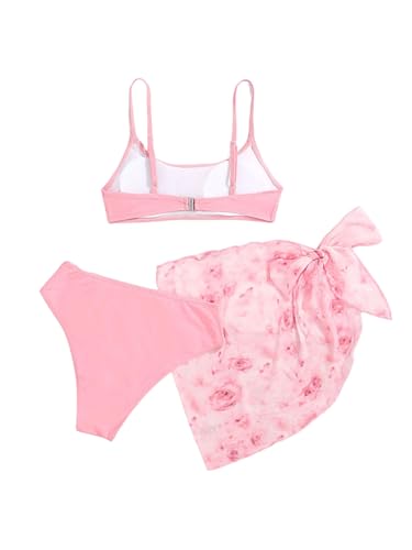 Image of WDIRARA Girl's 3 Pieces Bikini Set Swimsuit Bathing Suit with Floral Print Tie Side Beach Skirt