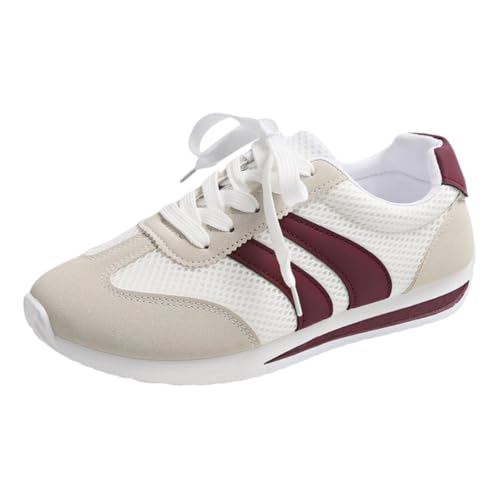 FRHDTVFN Women's Mesh Athletic Sneakers, White and Burgundy, Retro Style Running Shoes (White, Adult, Women's, 9.5, Digital, US Shoe System, Medium (Medium))
