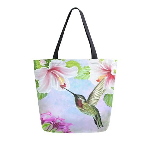 Image of Bird Canvas Tote Grocery Bag Shoulder Casual Book Bag Large for Women Teachers, Hummingbird Floral Cotton Bag Shopping Purse Handbag Reusable Multipurpose Use