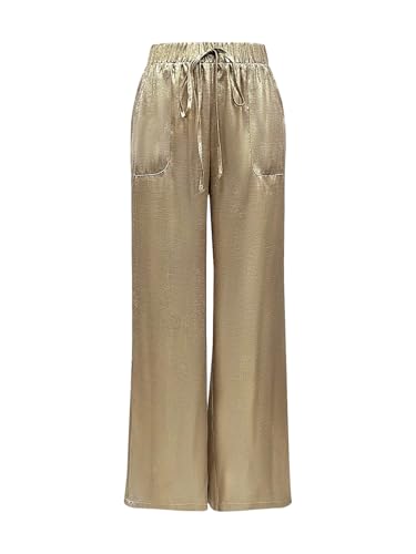 Floerns Womens Low Rise Wide Leg Pants Elastic Waist Drawstring Trousers with Pockets Gold Medium