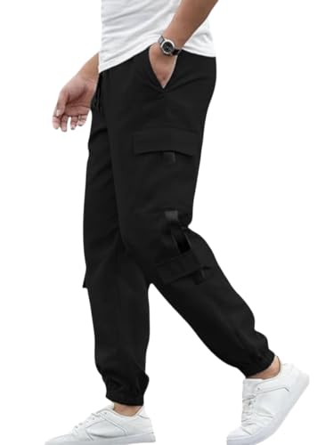 Image of Men's Cargo Pants | Lycra Blend Regular Fit | Solid Color Casual Trousers with Drawstring Closure | Comfortable Everyday Bottoms