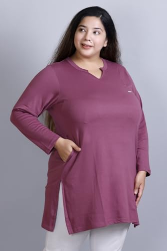 Image of CUPID Women's Cotton Plus Size Plain Full Sleeves Long Top for Summer n Semi Summers with One Side Pocket for Ladies Solid T Shirt
