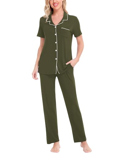 Image of SWOMOG Women Pajama Sets Two-Piece Nightwear Short Sleeve Sleepwear Button Down Pj Lounge Sets with Long Pants