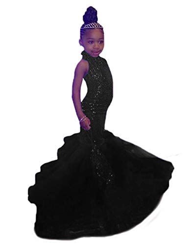 2025 Halter Mermaid Girls Pageant Dresses Prom Gowns Sparkly Sequin Tulle Little Girls Formal Party Dress ME080 Black