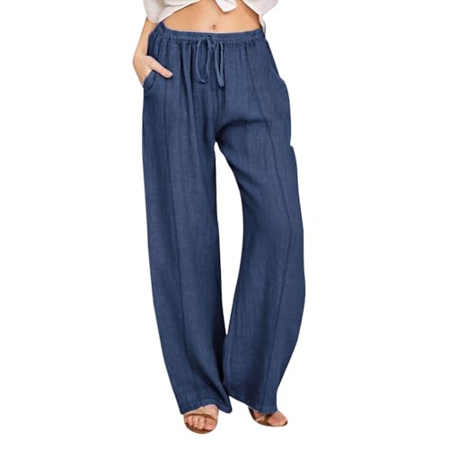 Linen Pants Women 2025 Summer Beach Lounge Palazzo Trousers Loose Elastic Plus Size Drawstring with Pockets Pants