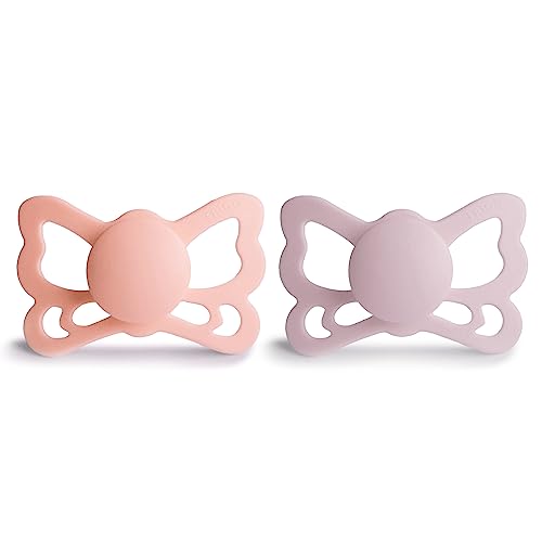Image of FRIGG Butterfly Anatomical SilkySoft Silicone Baby Pacifier | Made in Denmark | BPA-Free (Pretty in Peach /Primrose, 6-18 Months)