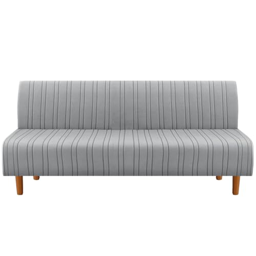 H.VERSAILTEX Stretch Futon Slipcover Armless Sofa Cover Furniture Protector Without Armrests Slipcover Soft with Elastic Bottom for Kids, Spandex Jacquard Modern Stripe Design, Dove