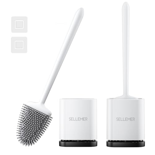 Sellemer 2 Pack Silicone Toilet Brush with Holder: Wall/Floor Mounted WC Brush, with Quick-Drying Holder