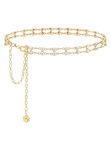 Women Rhinestone Crystal Waist Belts for Dress Adjustable Ladies Metal Chain Belts