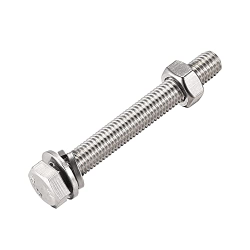 Image of uxcell M10 x 80mm Hex Head Screws Bolts, Nuts, Flat & Lock Washers Kits, 304 Stainless Steel Fully Thread Hexagon Bolts 6 Sets