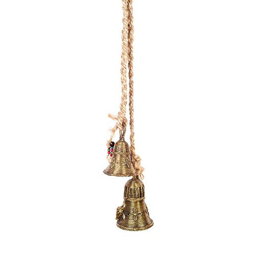 Image of Aakriti Art Creations Handcrafted Golden Dhokra Brass Bells with Animal Motifs | Handmade Dhokra Art with Jute & Wooden Beads | Decorative Indoor & Outdoor Hanging for Home, Balcony & Gifting