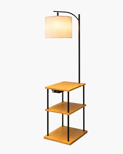 Image of Homesake Modern Floor Lamp with Wooden Shelves & Charging Station | Bedside Lamp with USB Port, Power Outlet | Corner Light, Space-Saving Side Table Lamp for Living Room & Bedroom (Beige, Off-White)
