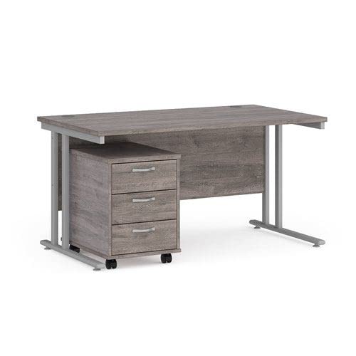 Office Monster Cooper straight desk 1400mm x 800mm with silver cantilever frame and 3 drawer pedestal - grey oak