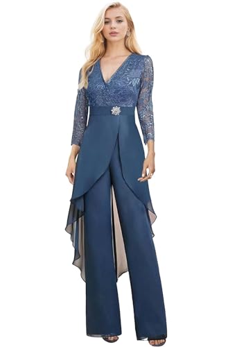 2 Pieces Mother of The Bride Pant Suits for Wedding Long Sleeve Chiffon Lace V Neck Pant Suits for Women Dressy2