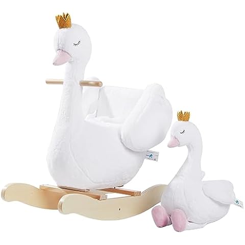 labebe Kids Rocking Horse White Swan with Little Plush Doll Toys, Stuffed Animal Wooden Rocker for Children 6 Months Boys and Girls/Nursery Christmas, Birthday Gift (Rocking Swan with Doll) Cover