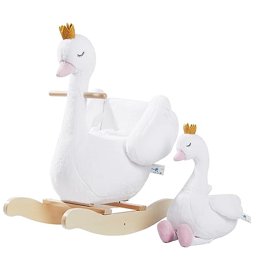 labebe Kids Rocking Horse White Swan with Little Plush Doll Toys, Stuffed Animal Wooden Rocker for Children 6 Months Boys and Girls/Nursery Christmas, Birthday Gift (Rocking Swan with Doll)