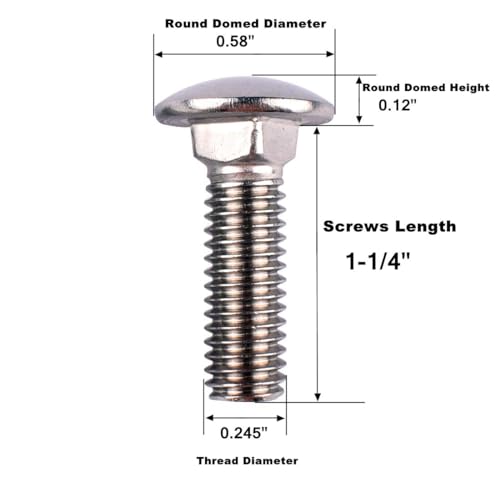 Image of 1 /4-20 x 1-1 /4 inch Carriage Bolts Screws, 18-8 Stainless Steel 304, Round Head, Square Neck, UNC Fully Machine Coarse Threaded,20Pcs