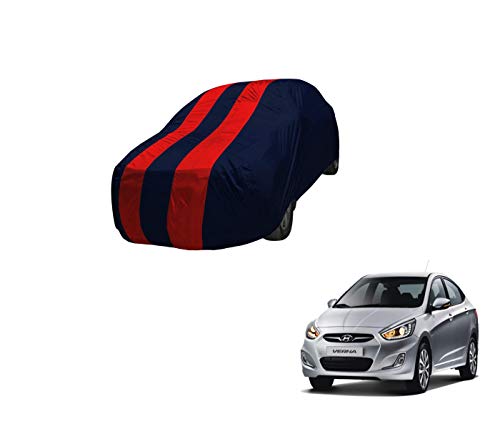 Image of Auto Hub Car Cover Compatible with Hyundai Fluidic Verna (Model : 2013-2017) with Mirror Pocket,Triple Stitched, Weather Proof, Fluidic Verna Car Cover- Navy-Red