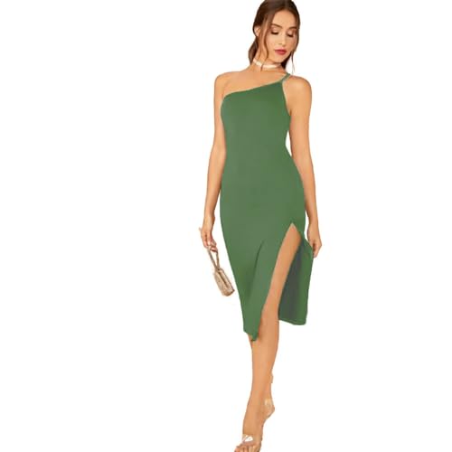 Image of TIVANTE Solid One Shoulder Midi Cami Bodycon Dress with Slit for Women