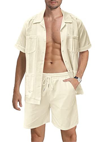 Gafeng Mens 2 Pieces Linen Sets Summer Beach Guayabera Outfits Short Sleeve Button Down Shirts Shorts
