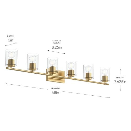 Image of Progress Lighting Replay 48 Inch 6-Light Vanity Light, Transitional, Brushed Gold with Clear Glass Shades, (7.875 inch H x 48 inch W x 6 inch D), P300585-191