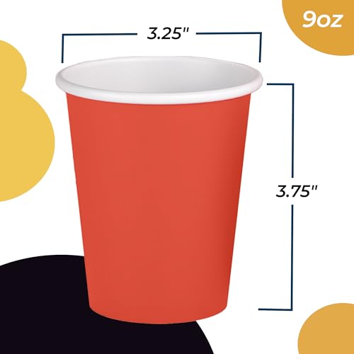 Exquisite Party Solids Red Paper Cups 9 oz Durable Disposable Cups 100 Paper Tumblers for Hot Drinks and Cold Drinks Thick 280 GSM Hot Cup for Tea & Coffee Cup To Go Fun Colors for Parties & Events