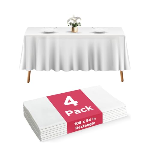 Prestee 4 Pack White Plastic Table Cloth Disposable - 108 x 54 Heavy-Duty Inch Plastic Table Cover - Waterproof White Tablecloth for Weddings, Parties, BBQs and Outdoor Dining Events