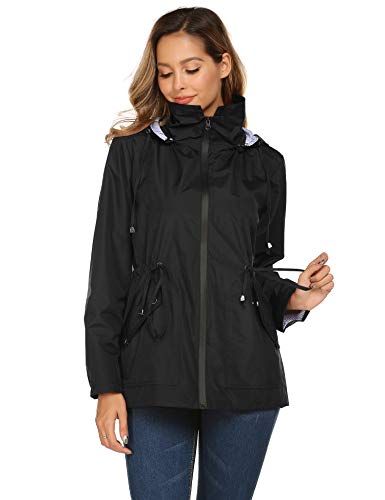 Avoogue Women Raincoat Waterproof Lined Windbreaker Long Hooded Trench Coats (Black,M)