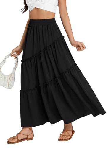OPOIPIN Women's High Elastic Waist Ruffle Tiered Flowy Beach Summer A-Line Maxi Skirt3