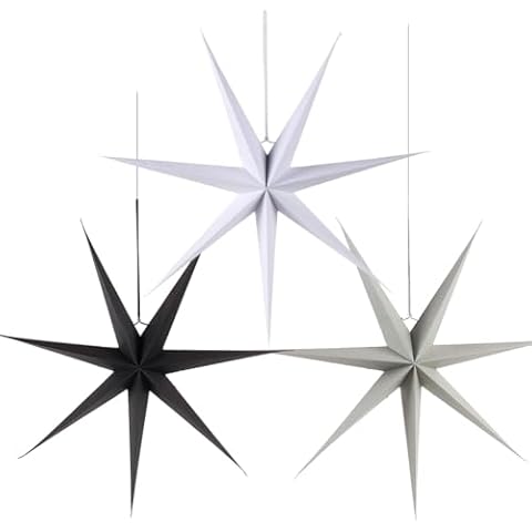 Paper Jazz 3pcs Paper Star Lanterns, Happy New Year Star Decoration 23 Inch White & Black & Gery Hanging 7-Pointed Paper Star for Weddings New Year Christmas Birthday Party Home Decor Cover
