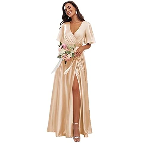 MildApril Short Sleeve Satin Bridesmaid Dresses V Neck A Line Formal Dresses with Slit Champagne Cover