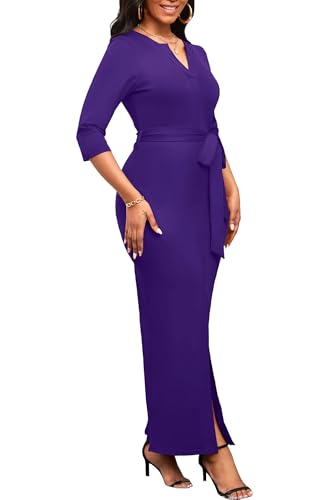 Image of Nmoder Maxi Dress for Women Long Church Cocktail Casual Dresses Colorblock Front Split 3 /4 Sleeve V Neck Pencil Dress