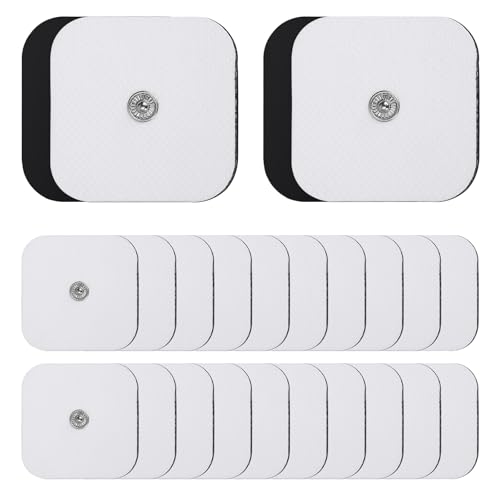 20 Electrodos para TENS 5x5 cm, Parches Electroestimulador Reutilizables y Autoadhesivos con Conector de Botón de 3,5 mm con TENS y EMS