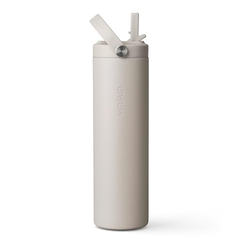 Vinsun Thermoflasche beige 750ml Strohhalm - auslaufsicher, doppelwandig isoliert, BPA frei - Trinkflasche Edelstahl für Sport, Outdoor, Schule, Arbeit