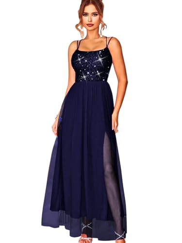 Image of ShawGobow Tulle Prom Dress with Slit,Sequin Backless Long Flowy Dresses for Women,Sexy Sparkly Outfits Homecoming Wedding
