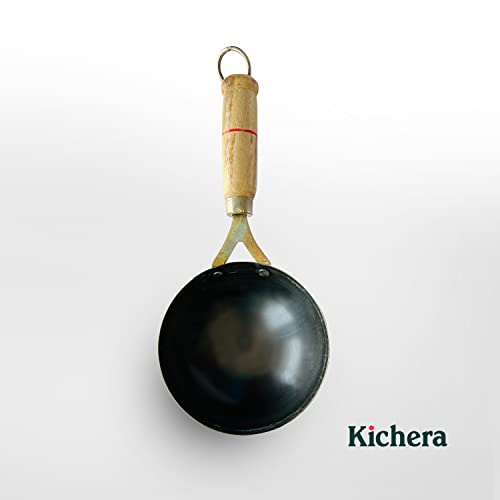 Image of Kichera 5 Inch Pre-Seasoned Iron Tadka Pan with Wooden Handle |13cm, 0.4kg | Thalippu karandi| Gas Compatible | Frying Pan for Eggs, Spices and More