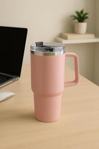 Image of Nestara Stainless Steel Tumbler - 1200ml, Leakproof Water Cup with Handle, Lid & Straw for Hot & Cold Drinks, Coffee Mug for Gym, Travel, Office & Outdoor (Pink)