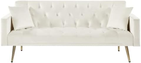 Miniatura 9 de Sofá cama futón de terciopelo de 72 pulgadas, sofá cama plegable convertible, moderno sofá biplaza reclinable copetudo con patas cromadas doradas