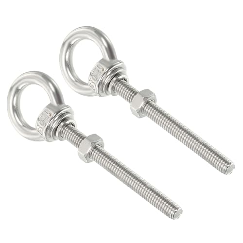 Image of uxcell M6*50 1 /4 inchx1.97 inch Stainless Steel Eye Bolts Threaded Screw Eyebolt Shoulder Ring with Nuts Washers for Lifting Hanging, 2 Set