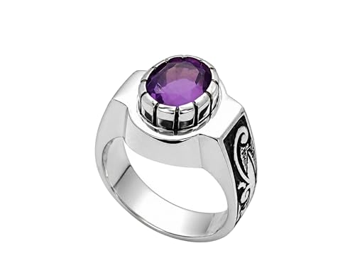 Natural Eye Clean Deep Purple Zambian Amethyst Engraved Ring Sterling Silver 925 Handmade Amethyst Men Carved Ring (6.75)